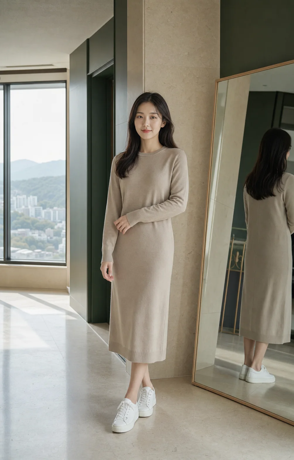 용인 도심 창가에서 베이지 긴소매 원피스를 입은 20대 한국인 성인 여성