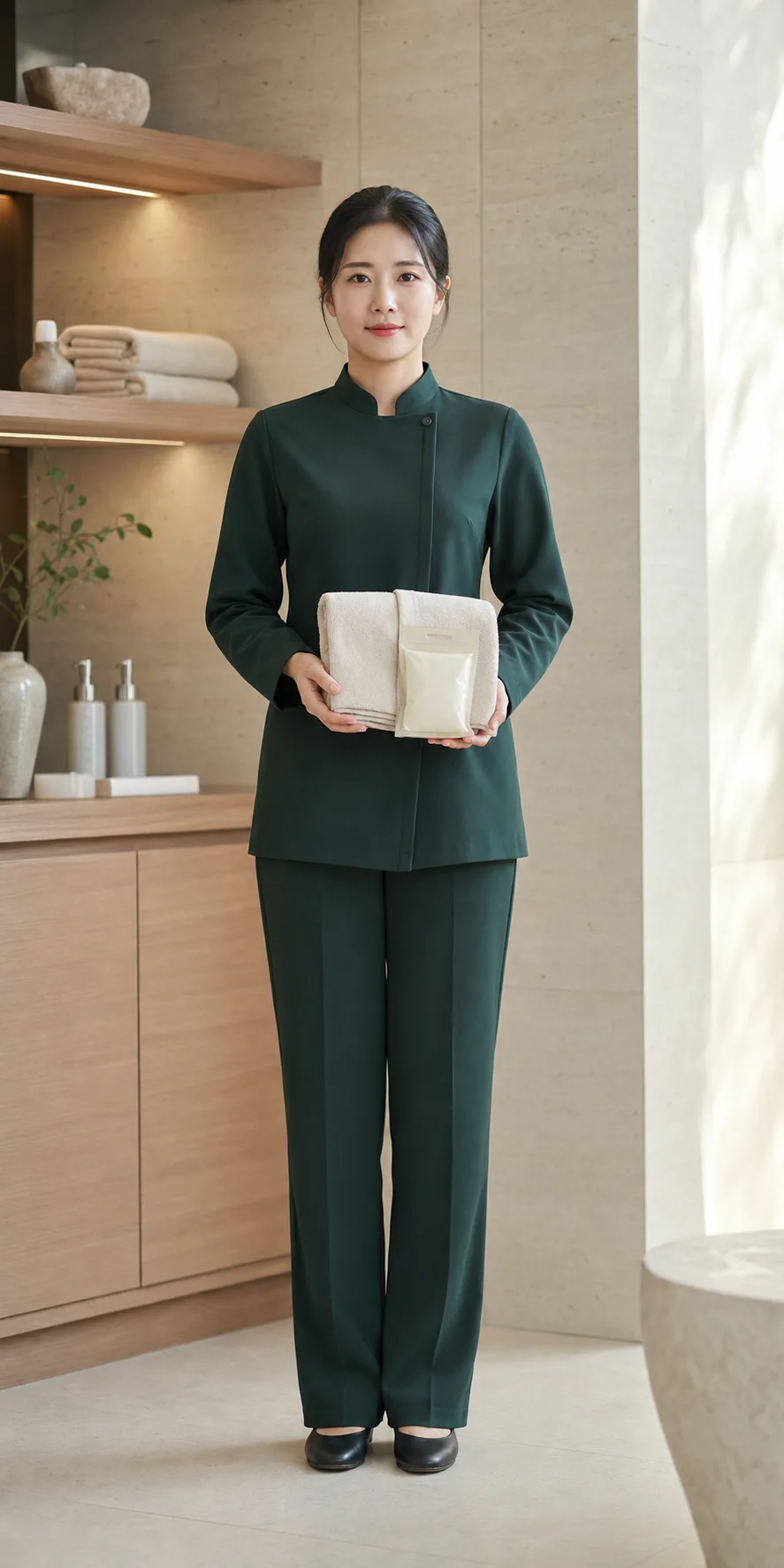 관리 비품을 정리하는 전문 유니폼 차림의 20대 한국인 성인 여성 마사지사